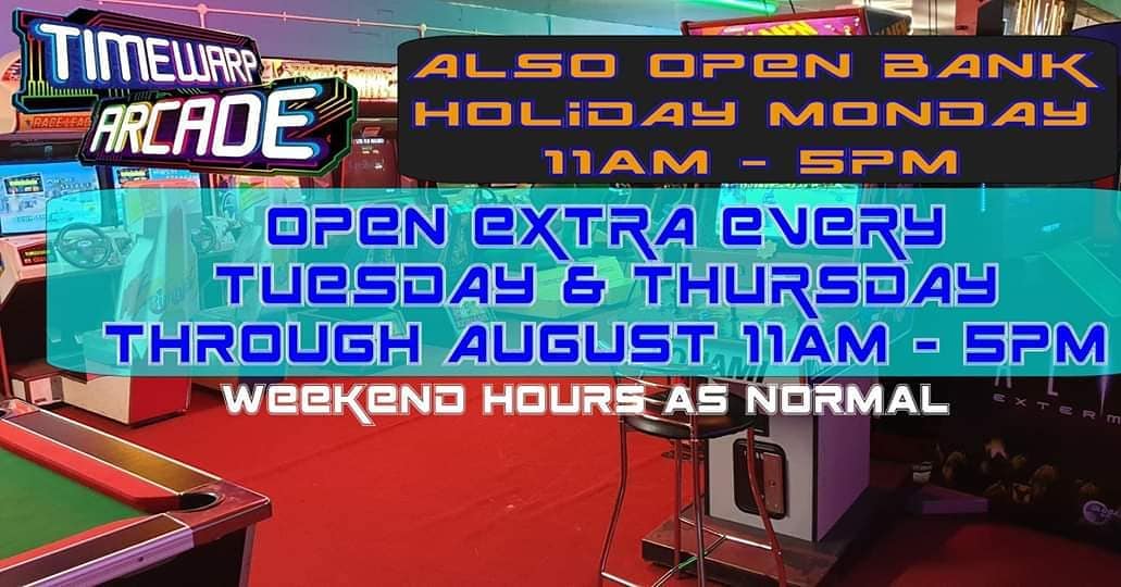 We are open extra on Bank Holiday Monday, 11am till 5pm.
Next week is our last week of extra holiday openings then it's back to weekends only again. #bankholiday #timewarparcadebridgewater #timewarparcade #arcades